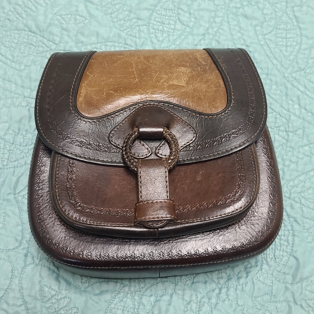 Brown and Tan Leather Saddle Bag Purse, Anna Del Sol, Crossbody Bag - Picture 13 of 14